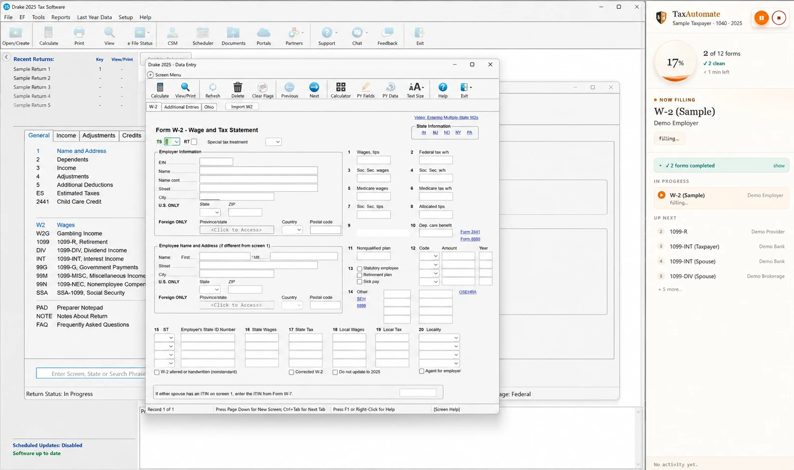 Sanitized Drake W-2 preparation screen with TaxAutomate progress panel