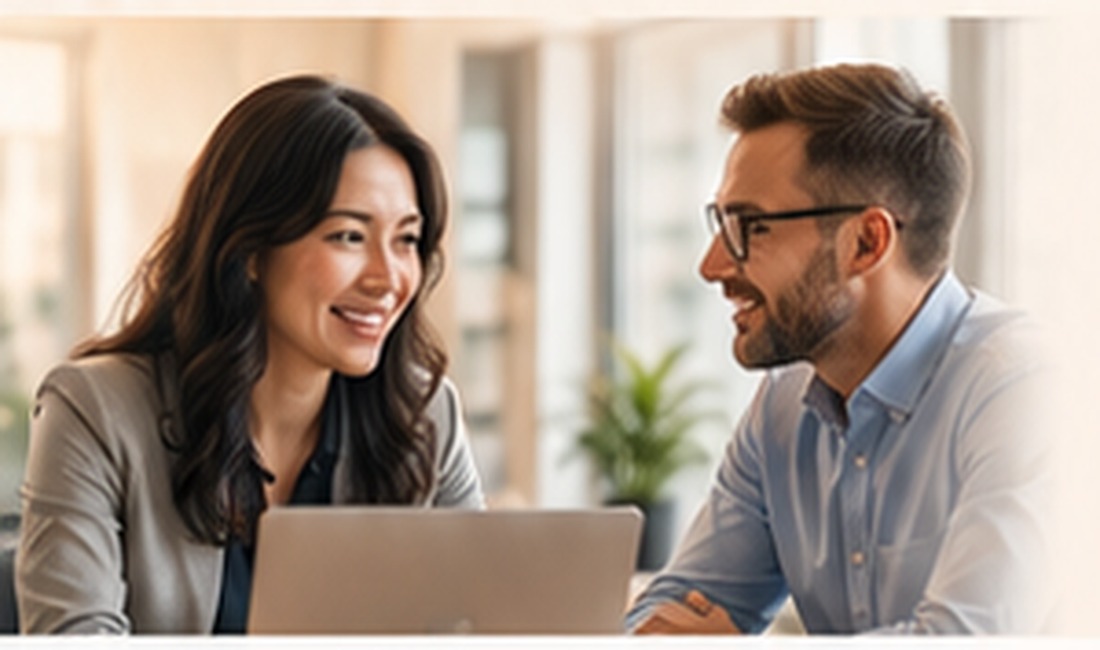 Illustration of two colleagues discussing work at a laptop