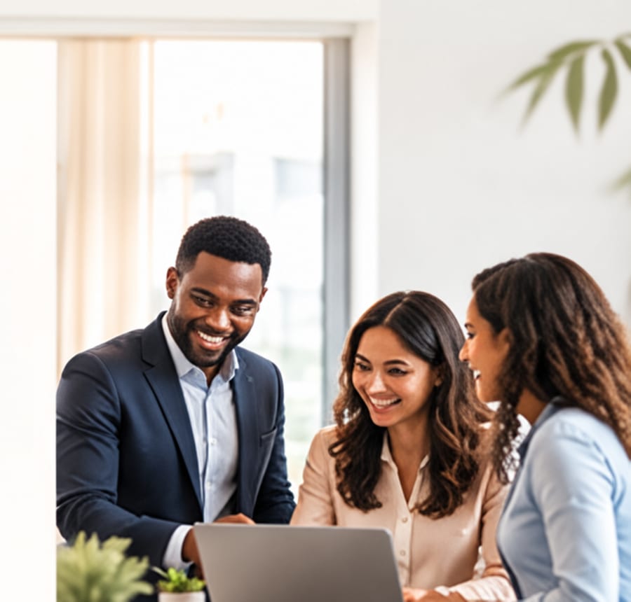 Illustration of three colleagues collaborating around a laptop
